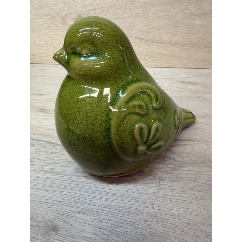Green Glazed Ceramic Bird Figurine Features a Crackle Finish and Embossed Wing